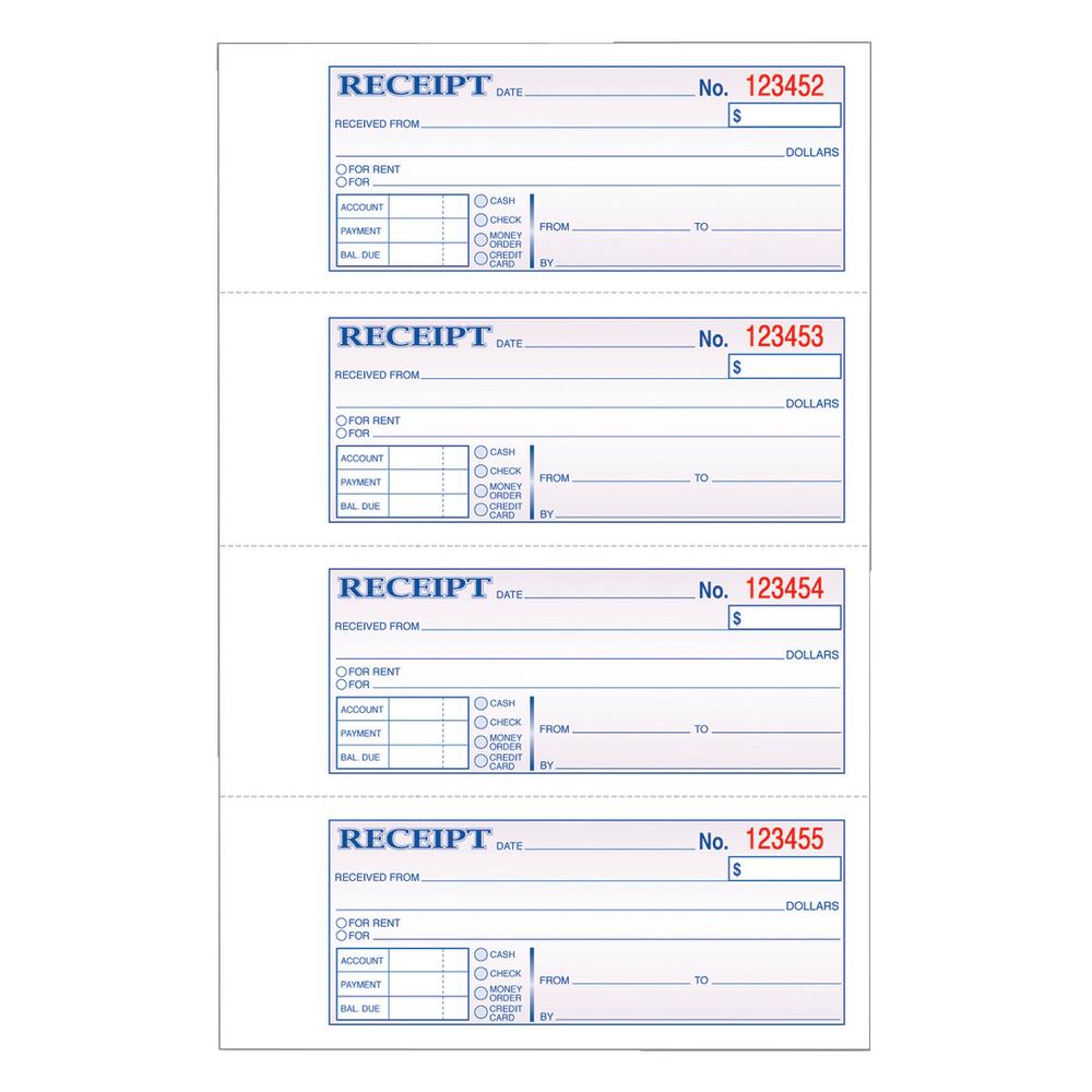 Save time when writing out receipts and get important records to your customers or tenants when they need them with Adams receipt books. With a carbonless rent receipt book, its easy to provide stubs for yourself and whoever makes a transaction.  Adams spiral receipt book is used to provide receipts for rent and other monetary exchanges.  Adams carbonless receipt book features a carbonless format that eliminates the need to record information a second time on a stub.  4 receipts per page, so you can provide records to plenty of clients. Adams receipt book features bold 2-color laser graphics for a professional look.  Gummed binding along the carbonless spiral receipt book lets you easily remove sheets.  Numbered pages and a simple check-off format help to keep organized records.  3-part carbonless rent receipt book ensures clear data transfer.