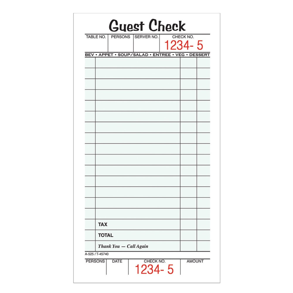 CARDINAL BRANDS, INC 525SW Adams Guest Check Books, 1-Part, 3 2/5in x 6 3/4in, 10 Pads Of 50 Sheets Each (500 Guest Checks Total)