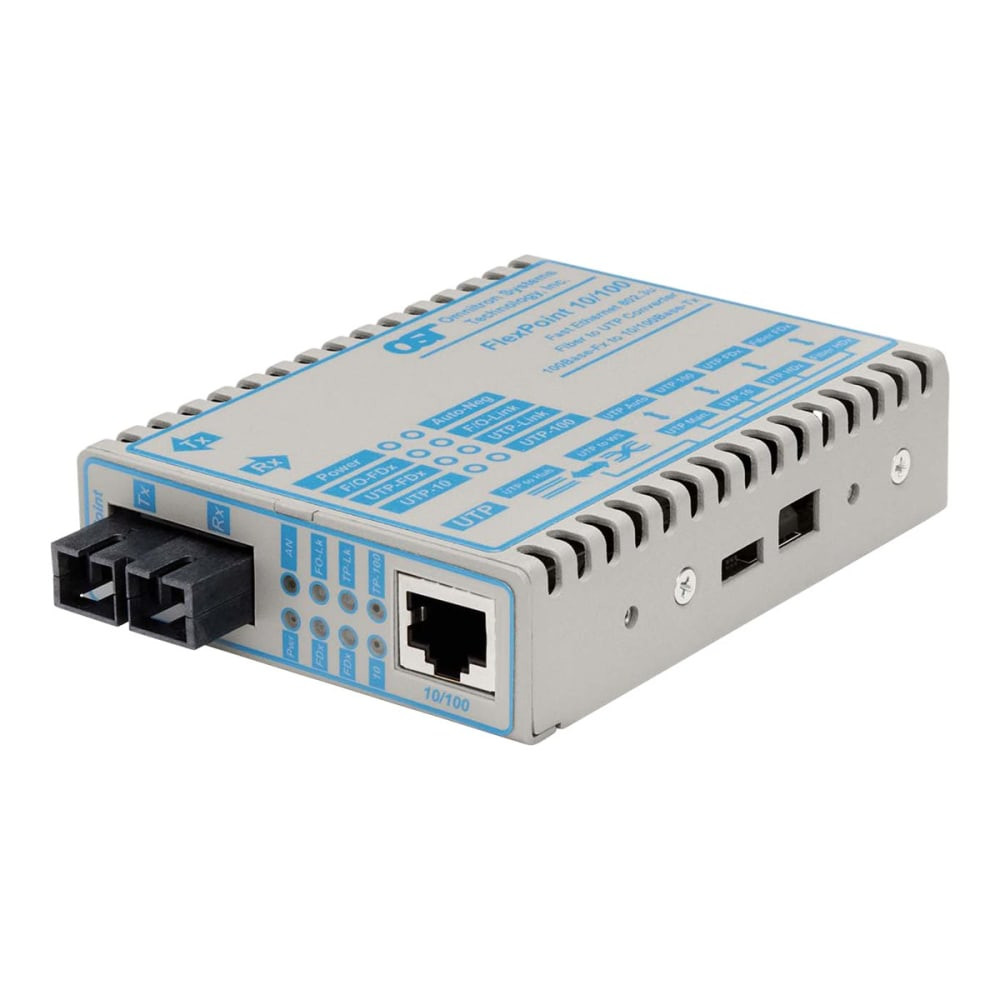 The FlexPoint 10/100 rate converter is a member of the modular FlexPoint product line. The FlexPoint product line supports the IEEE 802.3 standard and provides an extensive range of connectivity options across different media types. This rate converter features one 10/100 auto-sensing UTP port that adjusts its speed to the speed of the attached device. In addition, the FlexPoint 10/100 automatically negotiates and provides full-duplex or half-duplex capability to maximize network bandwidth. These features allow a seamless migration path to newer technologies. An override switch provides total manual control over the 10/100 operation of the UTP port and the half/full duplex operation of both the fiber and UTP port. The fiber port operates at 1300 nm and features SC or ST connectors. Multimode fiber models support distances of up to 2 km, and single-mode fiber models support distances of up to 58 km. Using its store-and-forward technology with 1-Mbyte buffer memory, the FlexPoint 10/100 supports a full wire-speed of 148, 800 64-byte packets per second simultaneously in both directions. Each port of the FlexPoint 10/100 is capable of MAC address learning and aging with support for up to 1, 024 MAC addresses, as well as packet filtering and forwarding. The FlexPoint checks all packets and discards illegal or corrupted packets thus providing fragment-free packet forwarding and enhancing the overall network performance. It features a crossover switch that facilitates a straight-through cable connection to a workstation or hub and eliminates the need for a crossed cable. The FlexPoint 10/100 provides diagnostic data through LED indicators that assist in network installation and maintenance. The LEDs report the availability of power, the modes of operation (10/100 and half or full duplex), the detection of devices and data being received by the fiber and UTP ports. The FlexPoint offers several mounting options. It can be mounted stand-alone utilizing optional wall-mounting hardware. It can also be rack-mounted using a 5-unit rack-mounting shelf or in a 14-unit FlexPoint Powered Chassis.