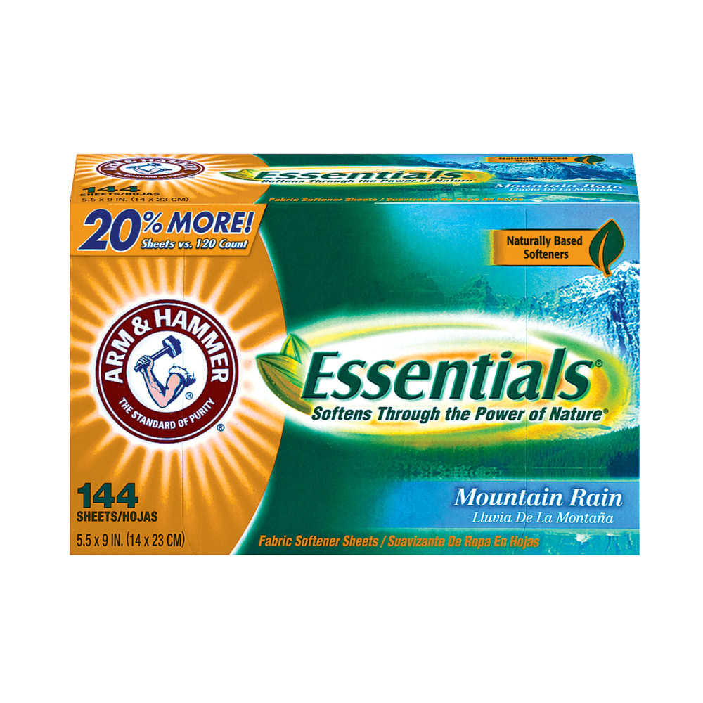 CHURCH & DWIGHT CO., INC. 3320000102 Arm & Hammer Essentials Dryer Sheets, Mountain Rain Scent, 144 Sheets Per Box, Case Of 6 Boxes