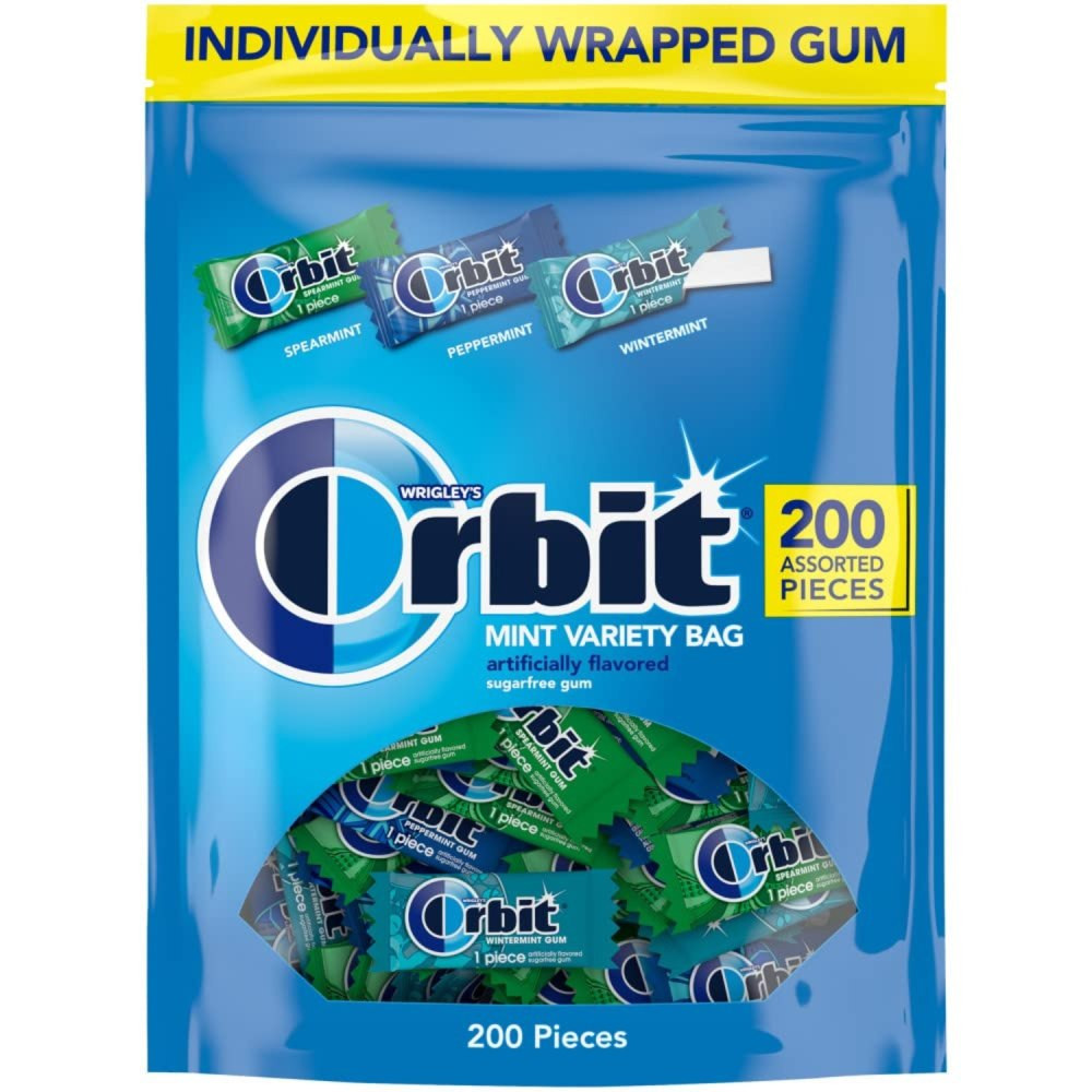 Fill candy bowls in the office or at a party with the Orbit Peppermint, Spearmint And Wintermint Assorted Sugar-Free Chewing Gum Bulk Pack. Individually wrapped pieces are great for sharing.  Includes Orbit Spearmint, Orbit Peppermint and Orbit Wintermint chewing gum.  Sugar-free.  Individually wrapped pieces.  Ideal in candy dishes for a wedding or baby shower.