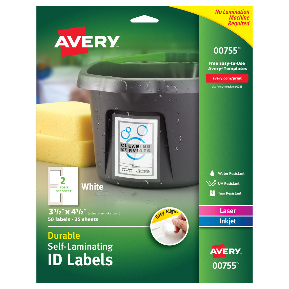 AVERY PRODUCTS CORPORATION 00755 Avery Easy Align Self-Laminating ID Labels, 00755, Rectangle, 3-1/2in x 4-1/2in, White, Pack of 50