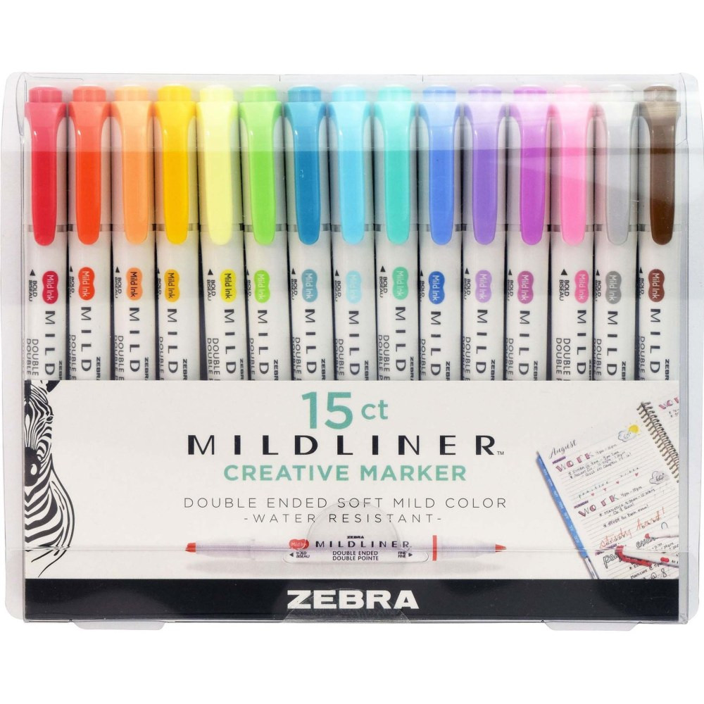 ZEBRA PEN CORP 78115J Zebra Mildliner Double-Ended Highlighters, Chisel/Fine Point, White Barrels, Assorted Ink Colors, Pack Of 15 Highlighters