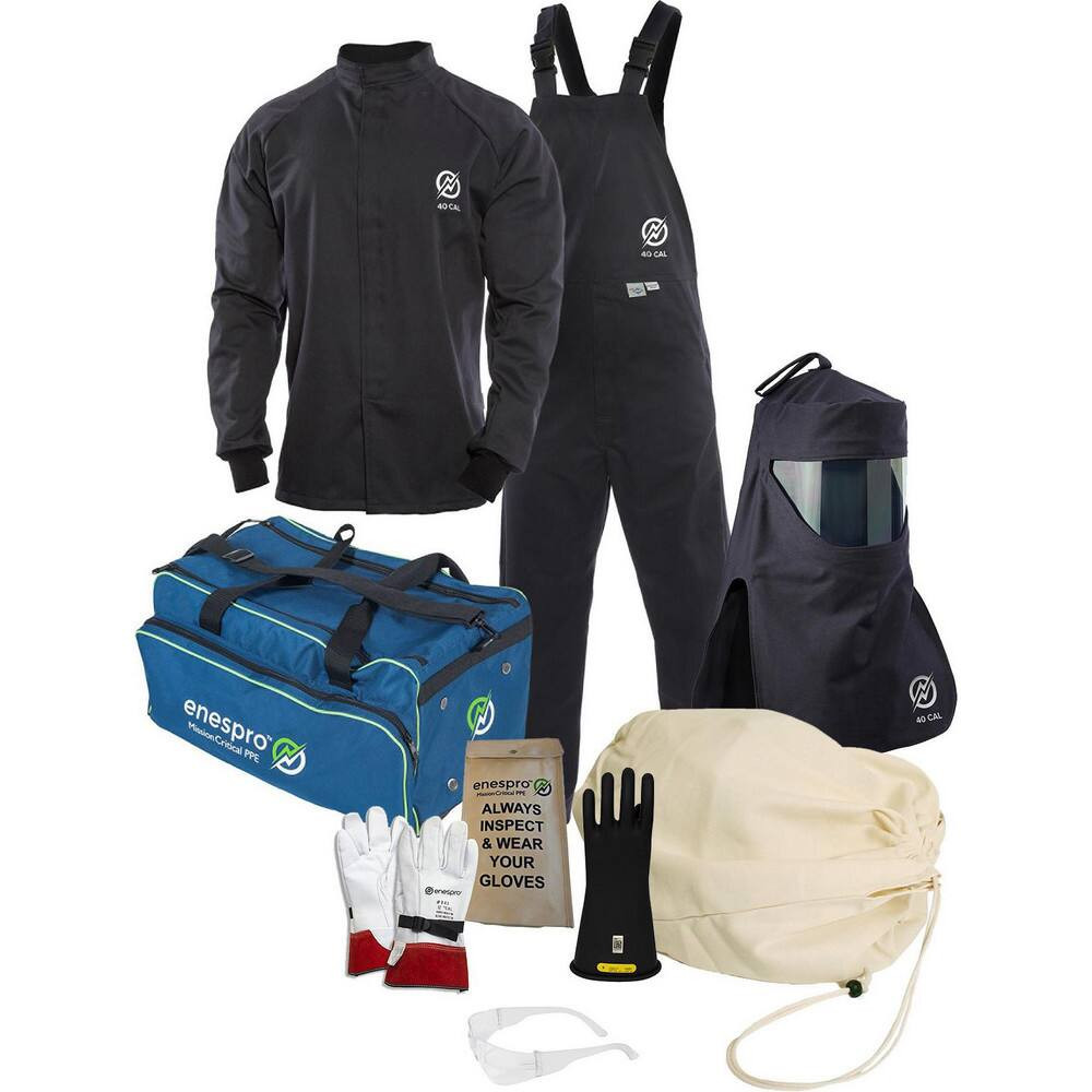 enespro KIT4SC40MD09 Arc Flash Clothing Kits; Protection Type: Arc Flash ; Garment Type: Bib Overalls; Coat; Gloves; Hoods ; Maximum Arc Flash Protection (cal/Sq. cm): 40.00 ; Size: Medium ; Glove Type: Rubber Voltage Gloves