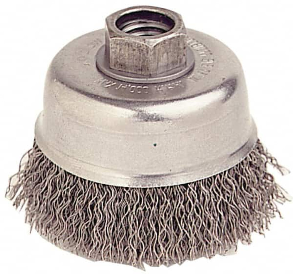 Weiler 93655 Cup Brush: 5" Dia, 0.02" Wire Dia, Stainless Steel, Crimped