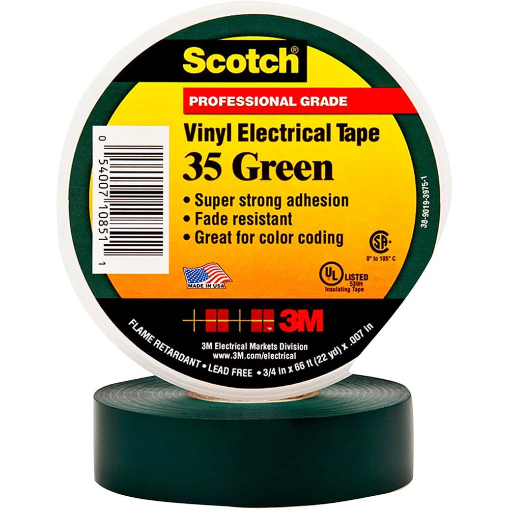 3M 7000132639 Electrical Tape: 1/2" Wide, 20' Long, 7 mil Thick, Green