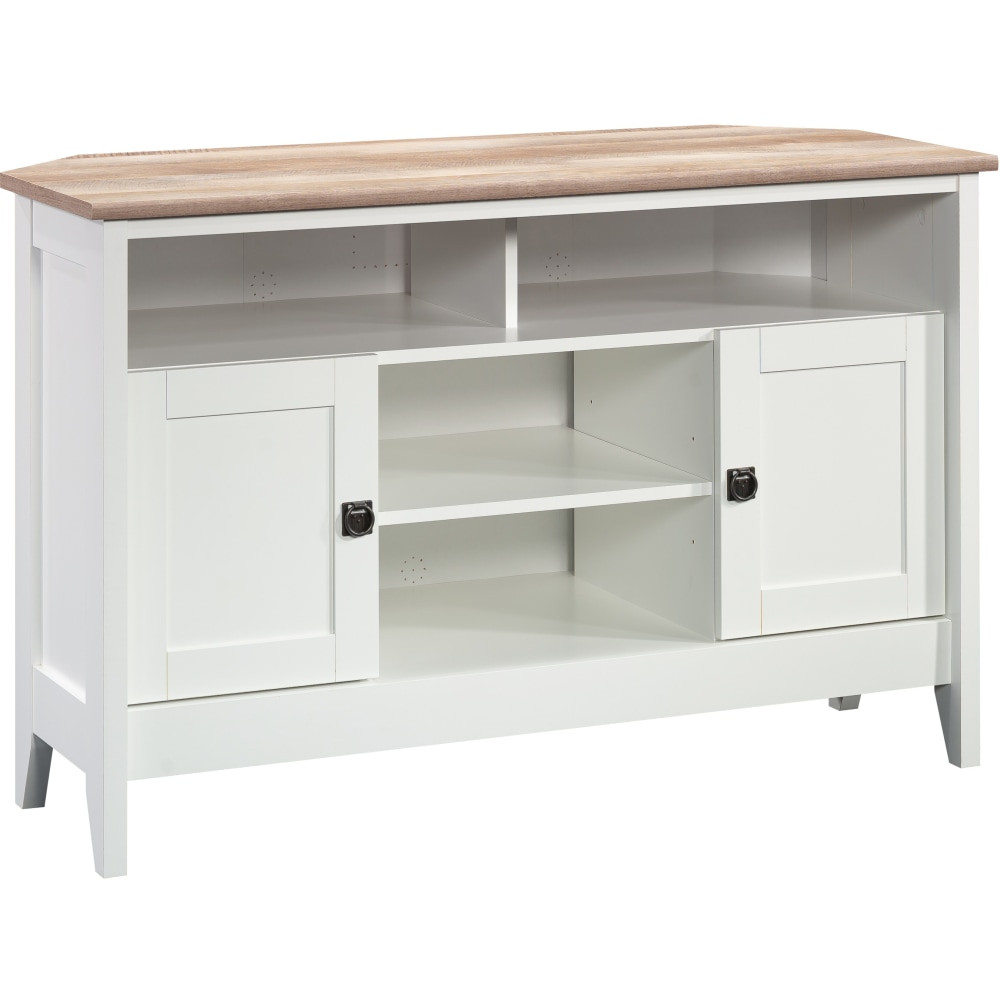 SAUDER WOODWORKING CO. 433851 Sauder August Hill Corner Entertainment Stand, 30-1/8inH x 47inW x 19-1/2inD, Soft White/Lintel Oak