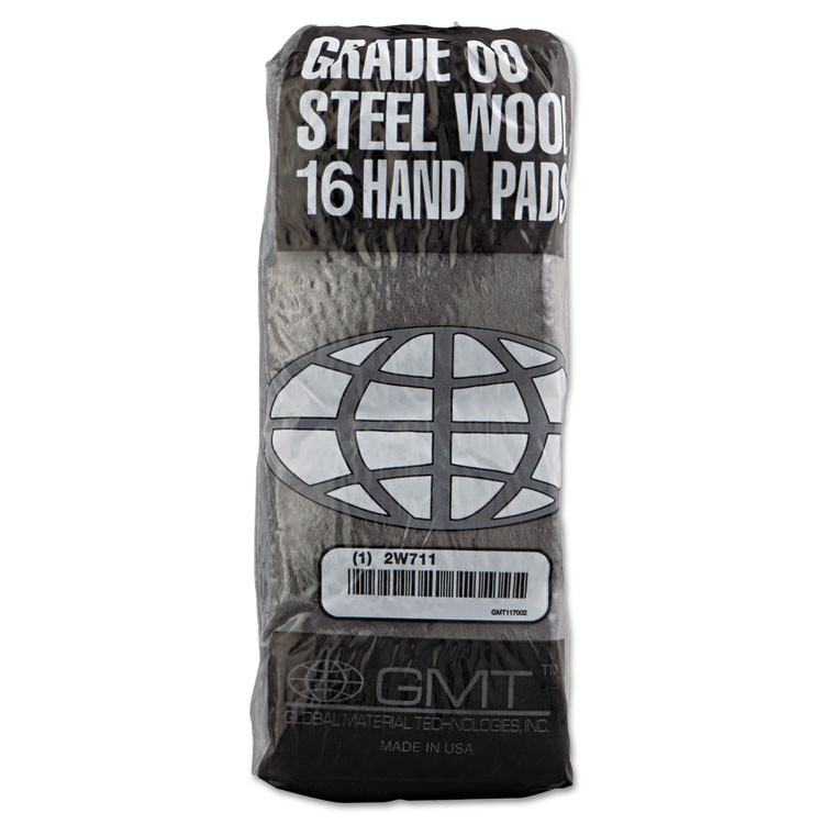 GLOBAL MATERIAL TECHNOLOGIES GMT 117002 Industrial-Quality Steel Wool Hand Pads, #00 Very Fine, Steel Gray, 16 Pads/Sleeve, 12/Sleeves/Carton