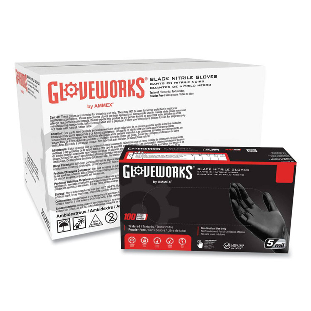 AMMEX CORPORATION GloveWorks® by GPNB46100 Industrial Nitrile Gloves, Powder-Free, 5 mil, Large, Black, 100 Gloves/Box, 10 Boxes/Carton