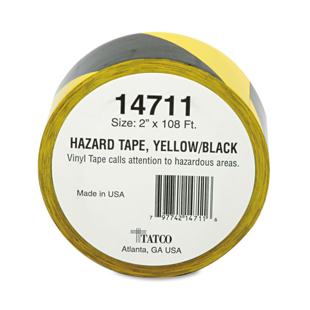 TATCO 14711 Hazard Marking Aisle Tape, 2" x 108 ft, Black/Yellow