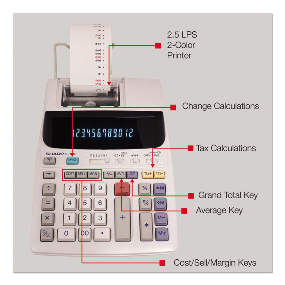 SHARP TONER EL1801V EL-1801V Two-Color Printing Calculator, Black/Red Print, 2.1 Lines/Sec