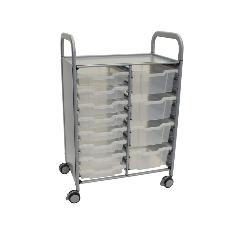 GRATNELLS USA, LLC SSET184420 Callero Plus Double Column Trolley Set 18, Metal, 1 Shelf, 8 F1 Bins, 4 F2 Bins, 27.4" x 17.3" x 41.5", Silver/Trans Frost