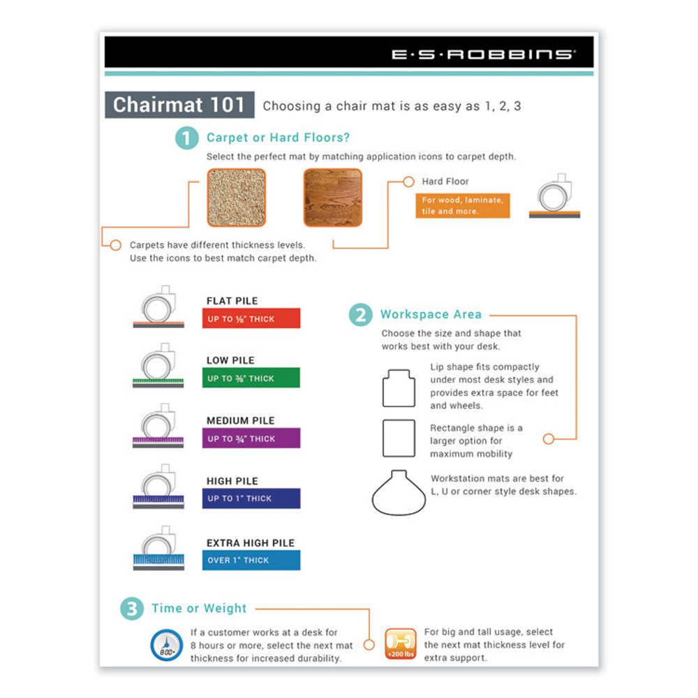 E.S. ROBBINS ES 120321 EverLife Light Use Chair Mat for Flat to Low Pile Carpeted Floors, Rectangular, Straight Edges, 46" x 60", Clear