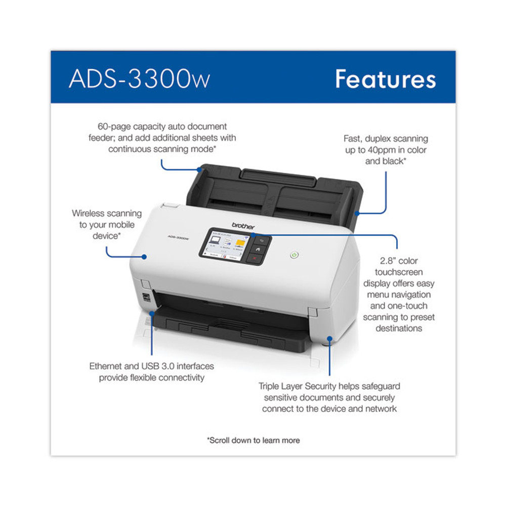 BROTHER INTL. CORP. ADS3300W ADS-3300W High-Speed Desktop Scanner, 600 dpi Optical Resolution, 60-sheet ADF