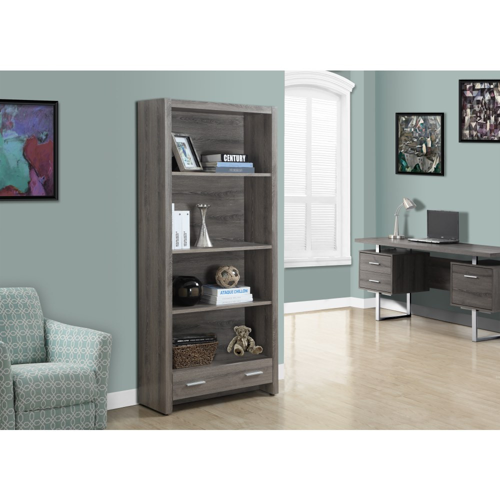 MONARCH PRODUCTS Monarch Specialties I 7087  72inH 3-Shelf Bookcase With Drawer, Dark Taupe