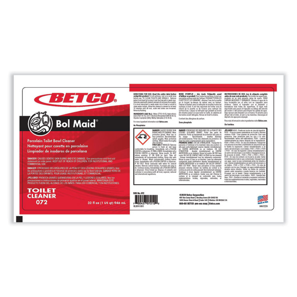 BETCO CORPORATION 721200 Bol Maid, Mint Scent, 32 oz Bottle, 12/Carton