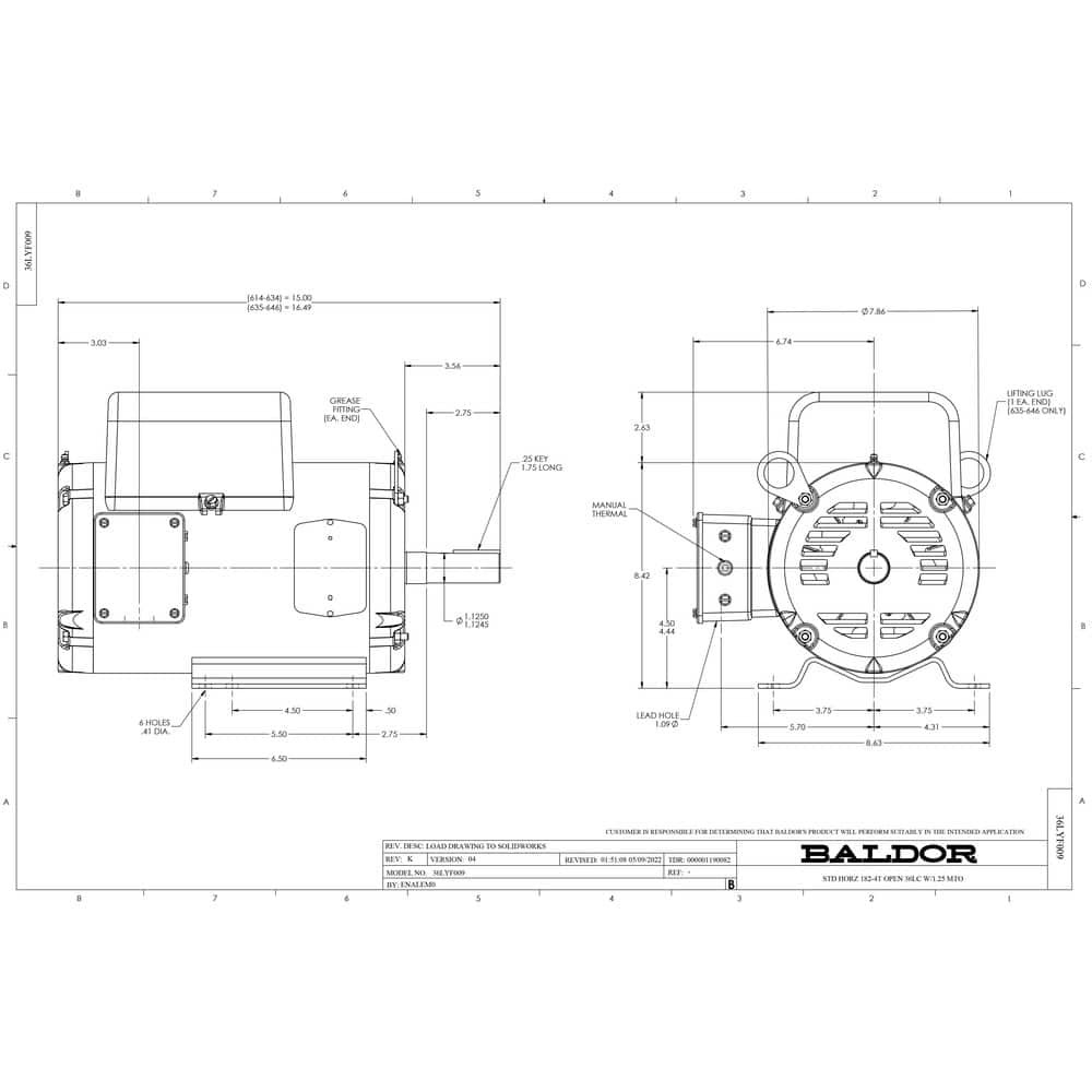 Baldor Reliance L1410TM Single Phase AC Motor: ODP Enclosure
