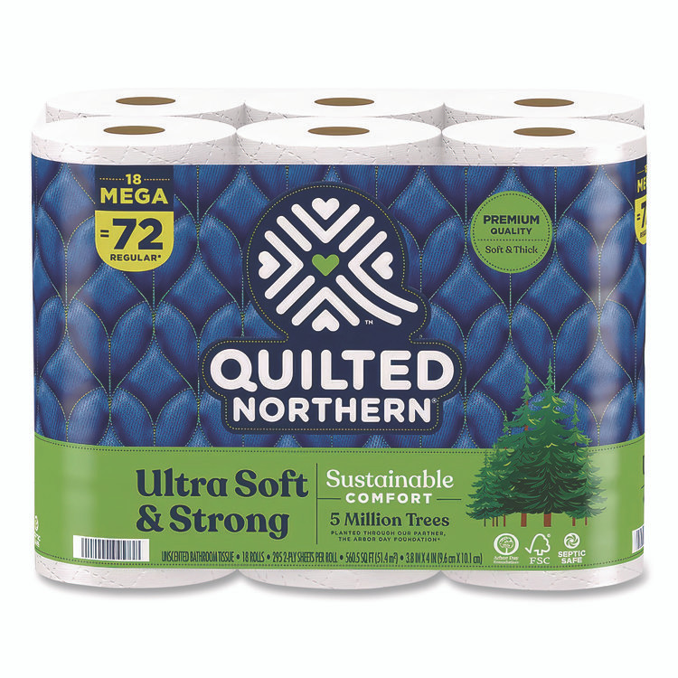 GEORGIA PACIFIC Quilted Northern® 94475501 Ultra Soft and Strong Bathroom Tissue, Mega Rolls, Septic Safe, 2-Ply, White, 328 Sheets/Roll, 18 Rolls/Carton
