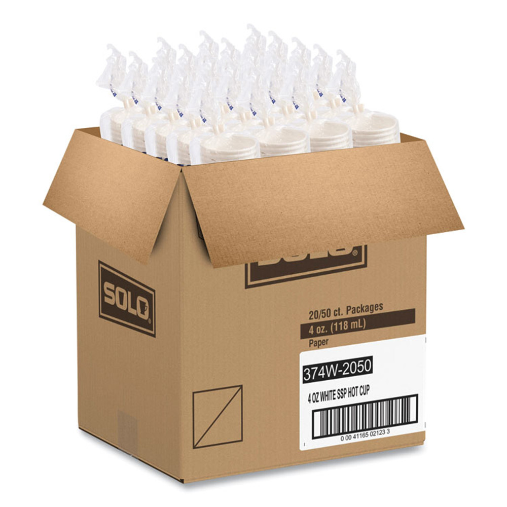 DART SOLO® 374W-2050 Single-Sided Poly Paper Hot Cups, 4 oz, White, 50 Bag, 20 Bags/Carton