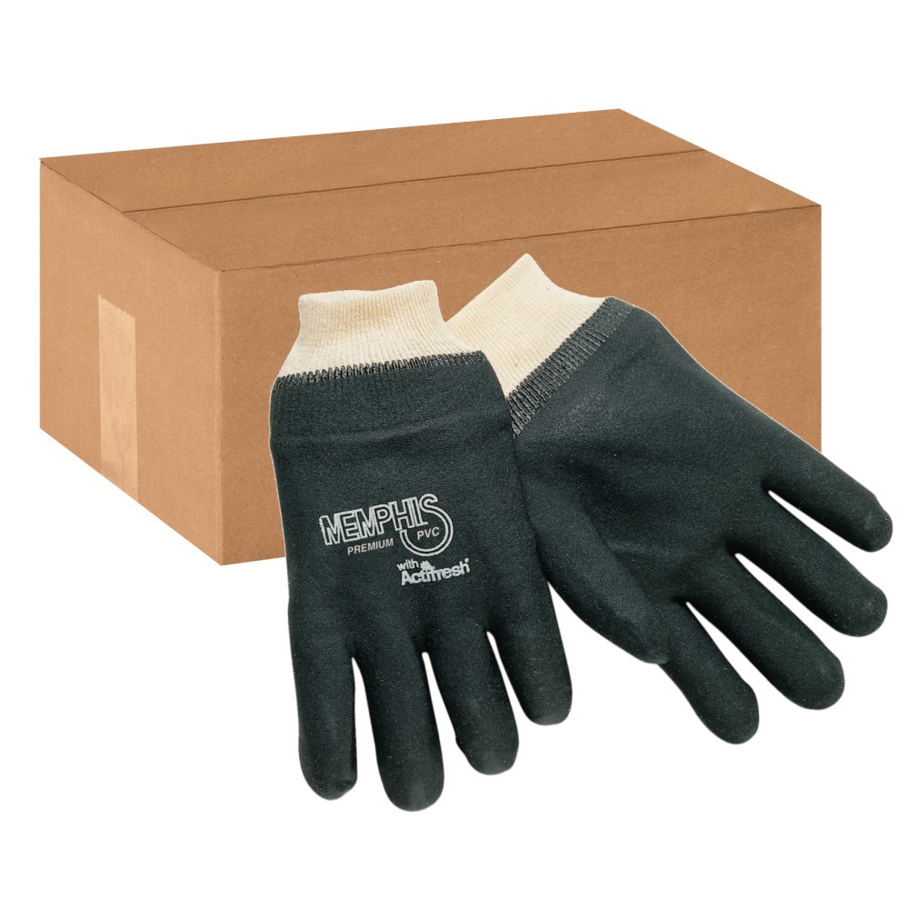 MCR SAFETY Memphis 6100S  Glove Premium Double-Dipped PVC Gloves, One Size, Black, Pack Of 12 Pairs