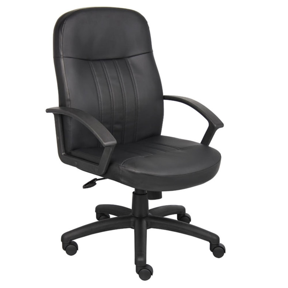 Set yourself up for success with the Boss Budget leather office chair. LeatherPlus polyurethane-infused leather is made for softness, durability and professional appeal, and the passive ergonomic design supports your posture as you work. Whether you are sorting through files or meeting with clients in this mid-back office chair, the adjustable design makes it easy to comfortably position yourself for each task on your plate.  Weight capacity tested to support 275 lb.  Passive ergonomic seating with built in lumbar support. Lumbar feature supports your lower back and enhances the natural curve of your spine.  Waterfall seat cushion slopes slightly downward to help reduce stress on your legs.  LeatherPlus upholstery.  Upright locking position.  Pneumatic seat-height adjustment.  Adjustable tilt tension control.  Loop arm rests.  Large 27in nylon base.  Hooded double-wheel casters.  Matches the B8109 guest chair model (sold separately).  Meets and/or exceeds ANSI/BIFMA performance standards.  Assembly required.  Boss office chair is finished in black.  Tested to meet ANSI/BIFMA Performance Standards - Manufacturer testing has been conducted on this product to meet specific performance requirements and safety standards set forth by the American National Standards Institute (ANSI) and the Business and Institutional Furniture Manufacturers.