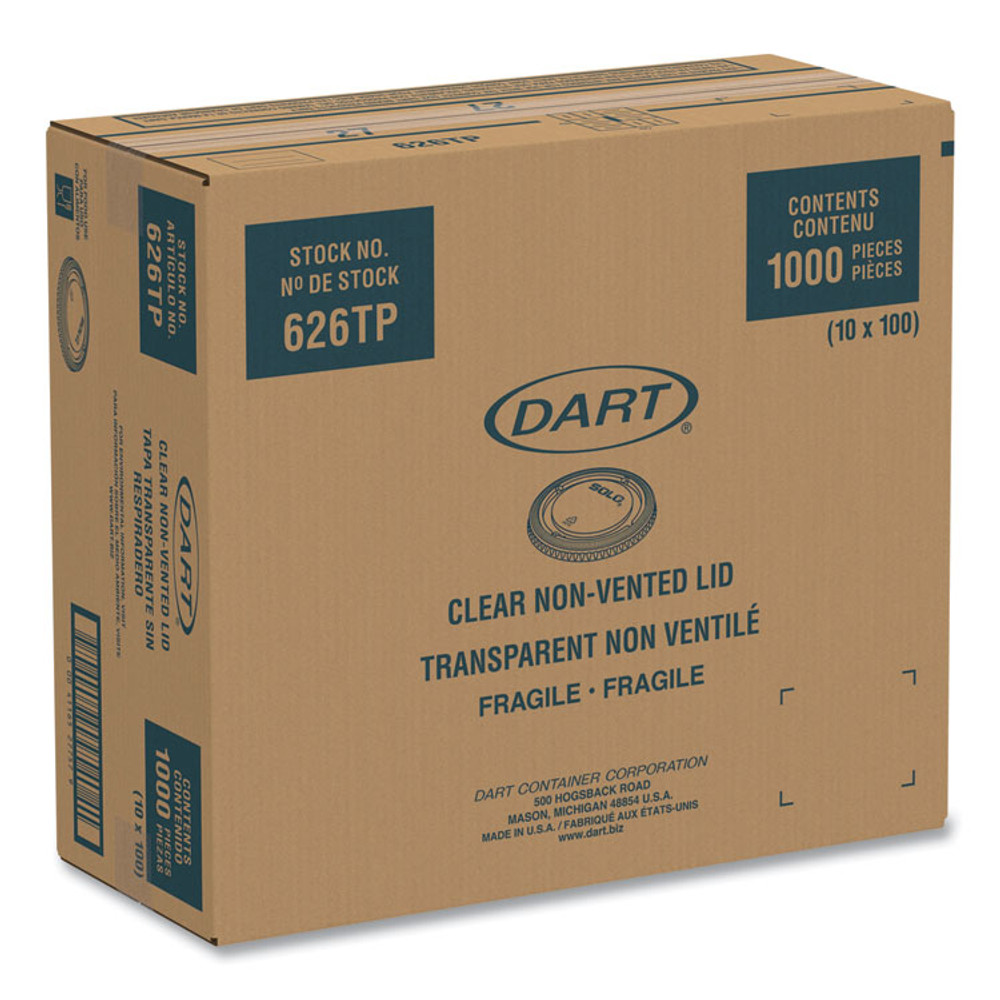 DART SOLO® 626TP PETE Plastic Flat Cold Cup Lids, Fits 12 oz to 24 oz Cold Cups, Clear, 1,000/Carton