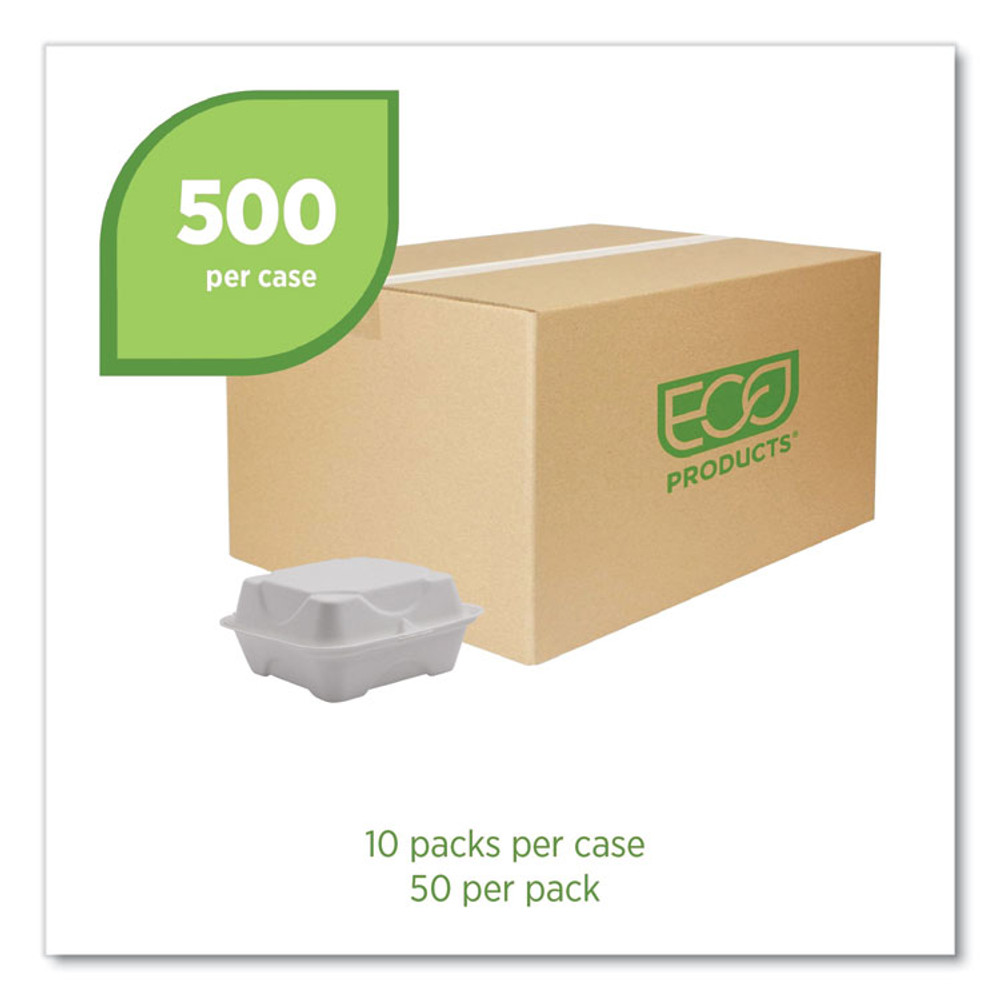 ECO-PRODUCTS,INC. EPHC6NFA Vanguard Renewable and Compostable Sugarcane Clamshells, 6 x 6 x 3, White, 500/Carton