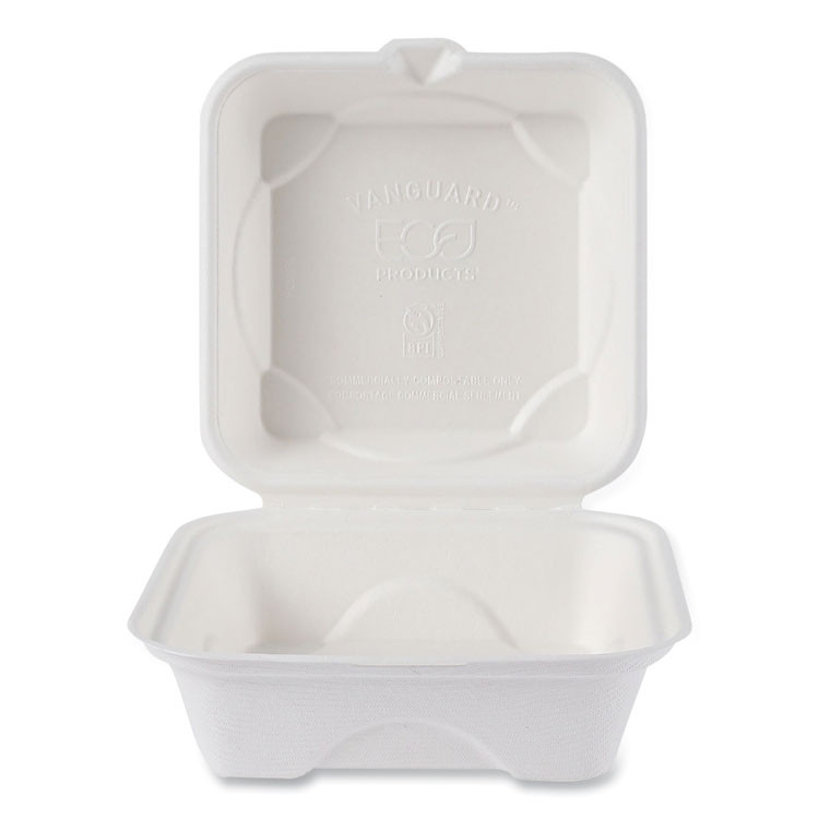 ECO-PRODUCTS,INC. EPHC6NFA Vanguard Renewable and Compostable Sugarcane Clamshells, 6 x 6 x 3, White, 500/Carton