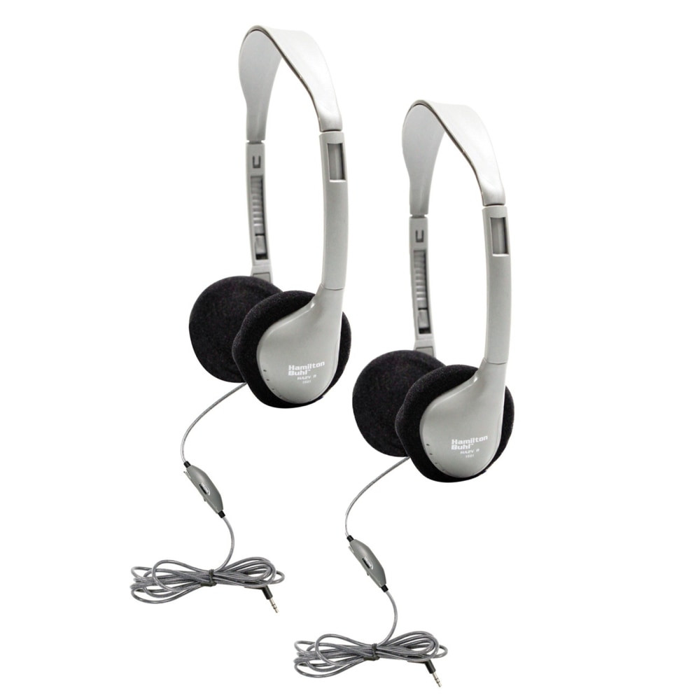 EDUCATORS RESOURCE HamiltonBuhl HECHA2V-2  SchoolMate On-Ear Stereo Headphones With In-Line Volume Control, Silver/Black, Pack Of 2 Headphones