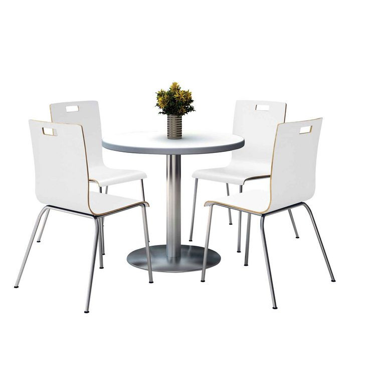 KFI STUDIOS 810389024968 Pedestal Table with Four White Jive Series Chairs, Round, 36" Dia x 29h, Crisp Linen