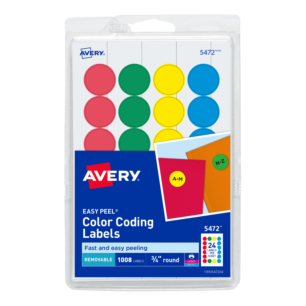 AVERY PRODUCTS CORPORATION Avery 5472  Removable Color-Coding Labels, 5472, Round, 3/4in Diameter, Assorted Colors, Pack Of 1,008