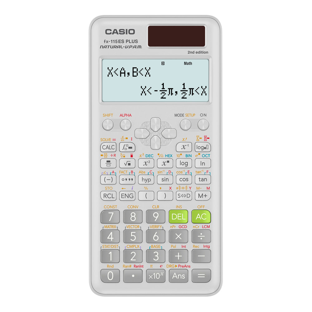 Make the Casio fx-115ES PLUS Scientific Calculator your high school or college companion. With 460 total functions, this calculator is ideal for students in general math, pre-algebra, algebra I and II, geometry, trigonometry, statistics, calculus, chemistry and engineering.  2.5in Natural Textbook Display shows up to 4 lines depending on the function. Formulas and results are presented exactly as they would appear in a textbook.  460 functions are included, such as prime factorization, hyperbolic functions, greatest common divisor and least common multiple, summation notation and verify computations.  Matrix mode allows you to perform matrix operations on matrices with up to 3 rows and 3 columns, enter vectors and perform vector calculations.  Simultaneous and polynomial solver helps you compute simultaneous linear equations with 2 or 3 unknowns, quadratic equations and cubic equations.  Fraction calculations include simplifying fractions and roots, recurring decimal display, remainder calculation and integer division with remainder.  Calculate linear regression, quadratic regression, logarithmic regression, e exponential regression, ab exponential regression, power regression and inverse regression.  Complex number calculations include addition, subtraction, multiplication, division, augment and absolute value, reciprocal, square and cube and conjugate complex numbers.  Converts decimals to fractions and mixed numbers. Also converts metric measurements.  Random integer generator aids in activities.  Backed by the manufacturers 1-year limited warranty.