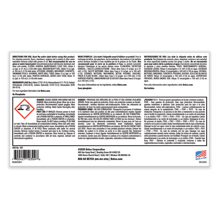 BETCO CORPORATION 1030400 Super Kemite Butyl Degreaser, Cherry Scent, 1 gal Bottle, 4/Carton