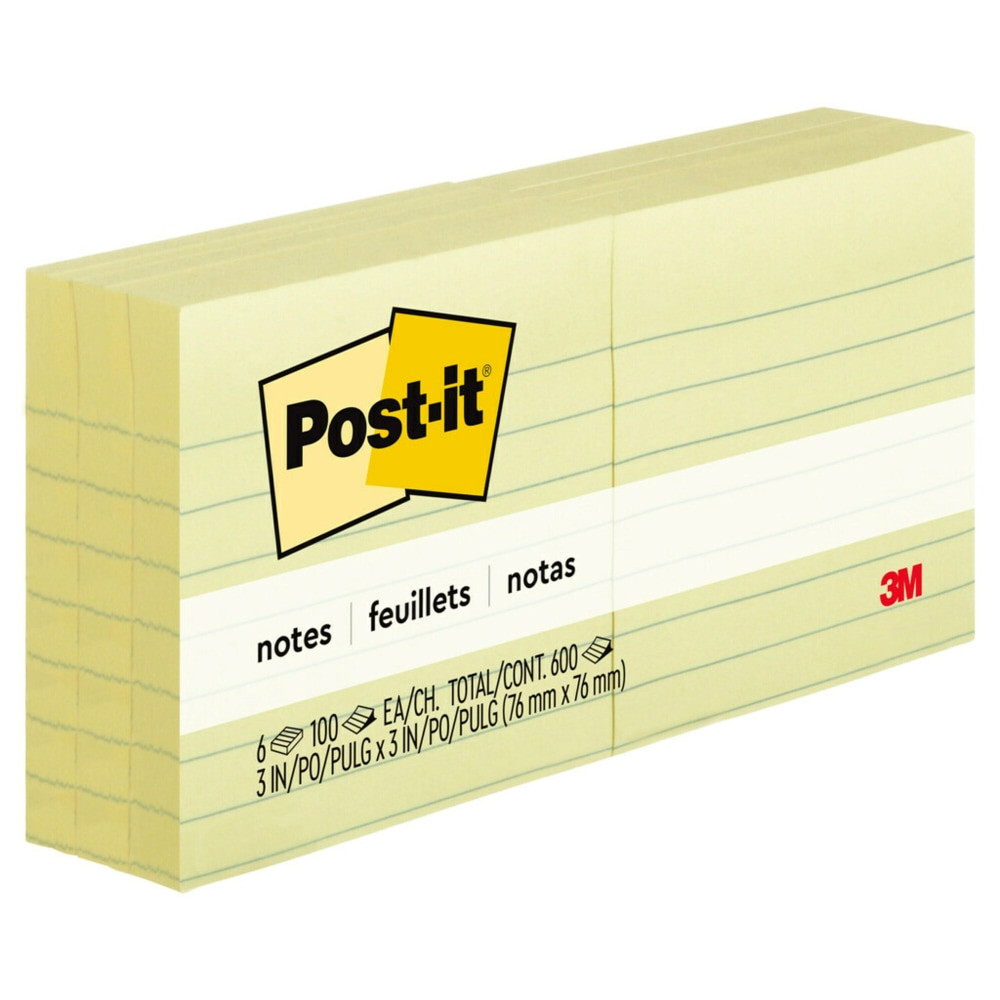 3M CO 630-6PK Post-it Notes, 6 Pads, 3 in x 3 in, Clean Removal, School Supplies and Office Products, Sticky Notes for Vertical Surfaces, Monitors, Walls and Windows, Canary Yellow, Lined