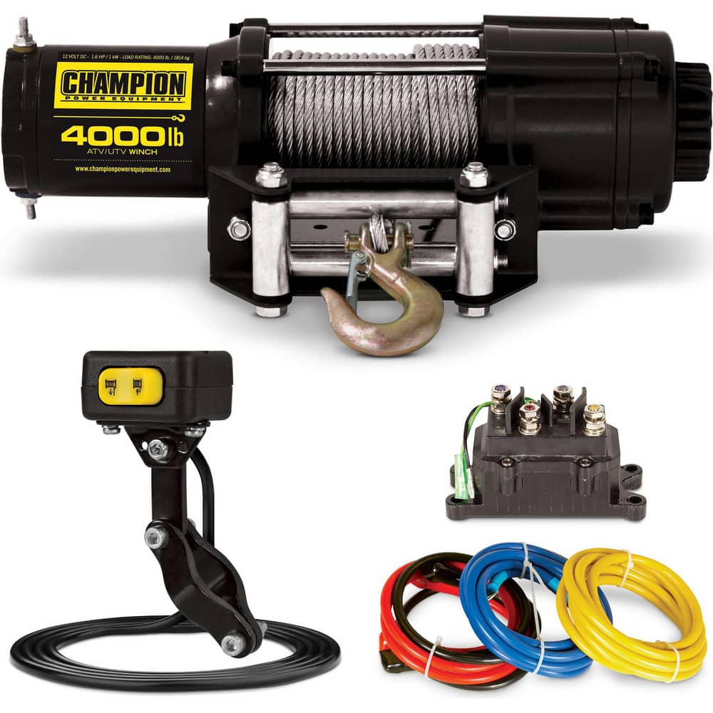 Champion Power Equipment 14001 Automotive Winches; Winch Type: Utility ; Winch Gear Type: Planetary ; Winch Gear Ratio: 180:1 ; Pull Capacity: 4000lb ; Cable Length: 49.000 ; Cable Diameter: .21875in