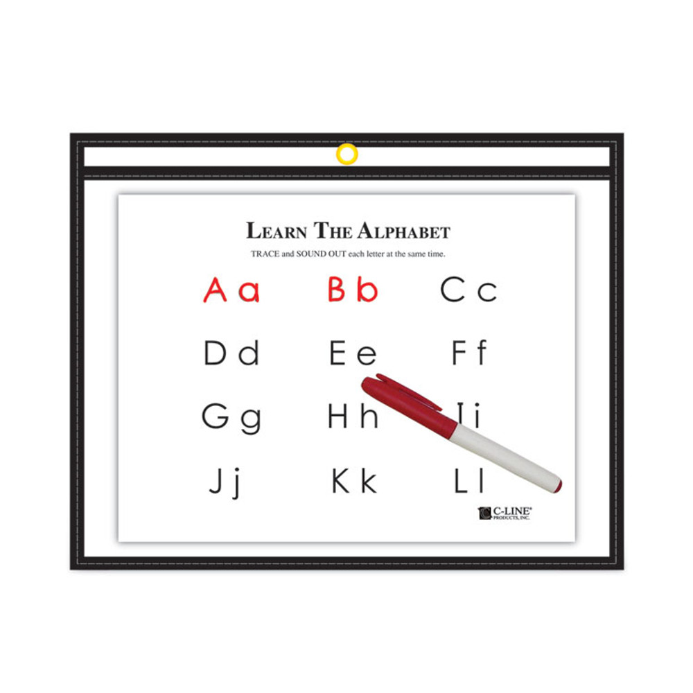 C-LINE PRODUCTS, INC 40711 Reusable Dry Erase Pockets, Super Heavy-Duty, Top Load 12 x 9 Insert, Clear Front, Black Border