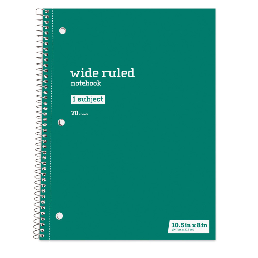 DonT miss an important memo at the office or in the classroom. This spiral notebook features plenty of lined pages to help you organize thoughts or just kick back and start work on a creative writing piece.  3-hole punched to fit into most standard binders.  Wide ruled, lined pages help you keep notes in order.  Acid-free sheets stand up to fading.  Perforated to let you hand in assignments.  Spiral binding for quick page flipping.  Chipboard backing makes the pages easy to write on.  Just Basics spiral notebook is wide ruled with 70 sheets (140 pages).