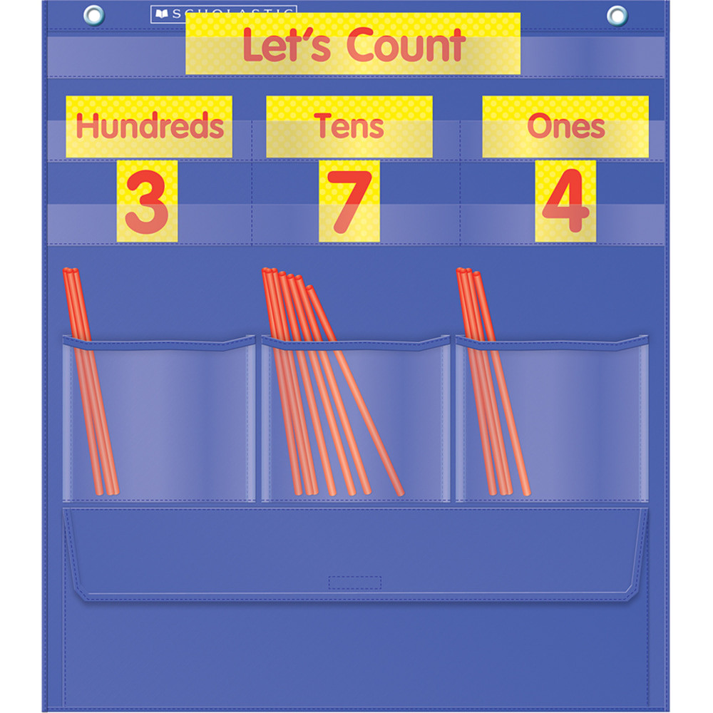 Show kids math can be fun  Perfect for any classroom. 2-color cards include 3 place-value cards, 30 number cards and 1 title card. Also includes 200 plastic straws  Durable nylon pocket chart.  Sturdy storage pocket.  Includes 2-page activity guide.