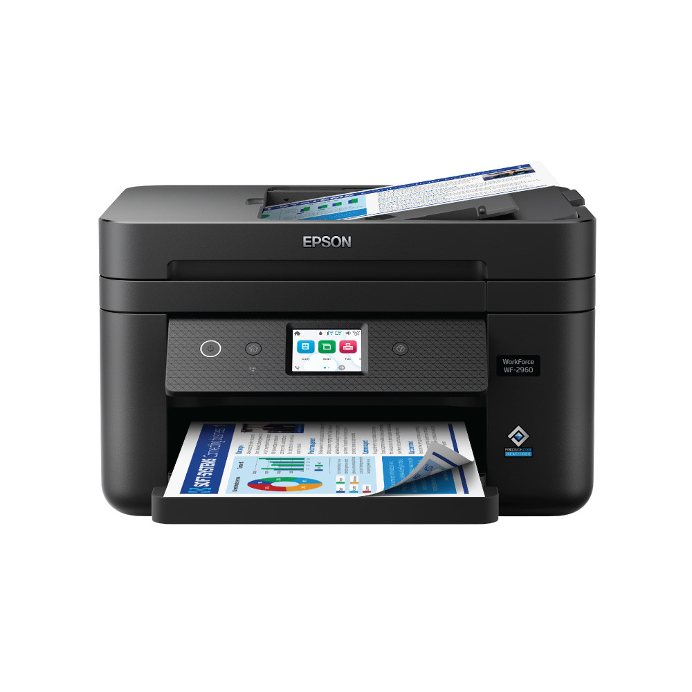 Print out important work with the Epson WorkForce All-In-One Printer. This Epson printer uses PrecisionCore technology to produce sharp text and vibrant colors, while the heat-free technology ensures the printer performs reliably. Automatic 2-sided printing helps to reduce excess paper use.  Built-in Wi-Fi wireless 802.11 b/g/n, Wi-Fit direct, hi-speed USB and wired Ethernet 10/100 Mbps offer convenient connectivity to your phone, tablet and computer.  Prints up to 7.5 color pages per minute (ppm) and up to 14 monochrome pages per minute (ppm).  Has a print resolution of up to 4800 dpi for crisp images.  Copies up to 5.5 color copies per minute (cpm) and up to 11 monochrome copies per minute (cpm).  Scanner resolution of 2400 dpi, with a bit depth of 48-bit input and 24-bit output (color) and 16-bit input and 1-bit output (monochrome),scans up to 7.5 color pages per minute (ppm) and up to 14 monochrome pages per minute (ppm).  Fax capabilities include sending and receiving monochrome and color pages in Legal (ADF) and Letter/A4 (flatbed) sizes. Other features include automatic redial, address book, speed and group dial and broadcast fax.  PrecisionCore technology creates sharp text and vibrant colors.  Heat-free technology ensures reliable color printer operation.  Automatic 2-sided printing helps reduce paper waste.  150-sheet paper tray cuts down on refills.  Monthly volume of 5,000 pages.  Color touchscreen display provides ease-of-use.  Compatible with Windows 7/8/10/Vista/XP, Mac OC and Chrome OS.  Includes a WorkForce AIO printer, power cord, 4 Claria 222 ink cartridges (1 black and 3 color) and a quick start guide.  Backed by the manufacturers 1-year limited warranty.  Energy efficient - designed to use less energy than alternative products, potentially helping you save money and reduce your carbon footprint.