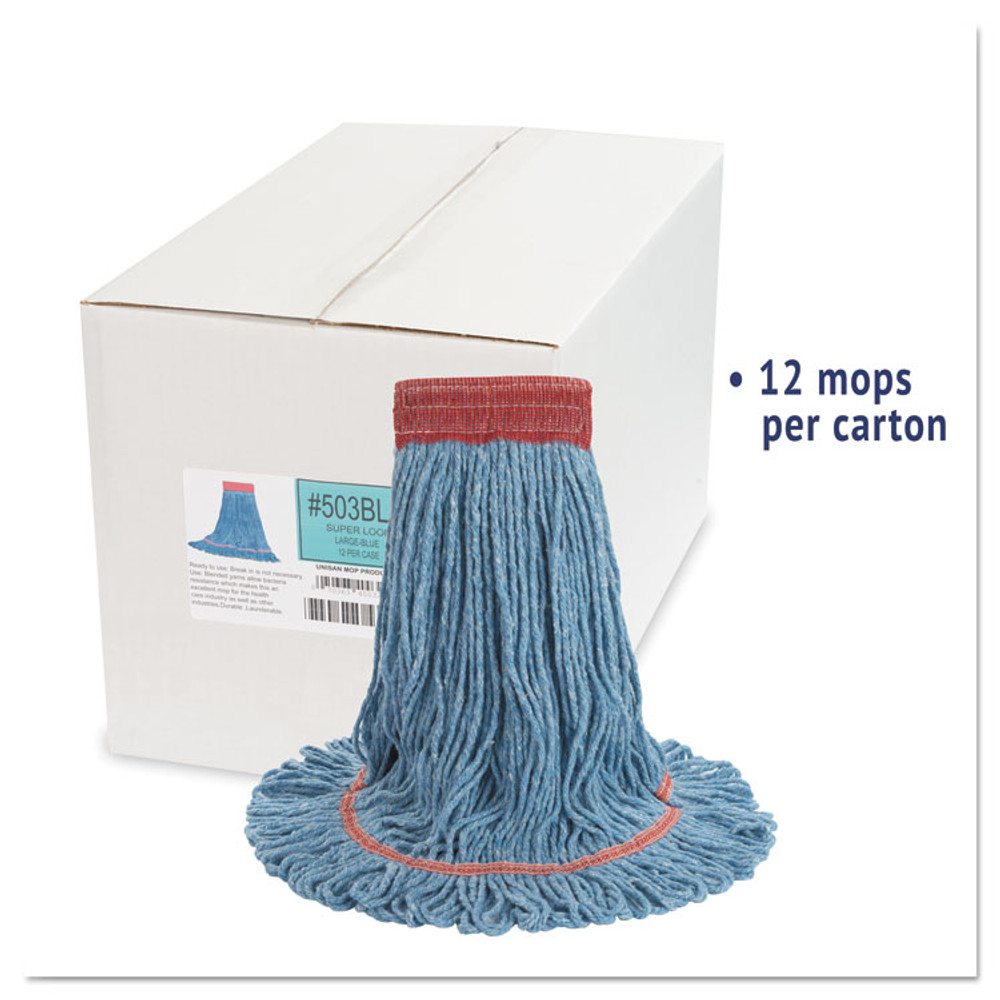 BOARDWALK 503BLCT Super Loop Wet Mop Head, Cotton/Synthetic Fiber, 5" Headband, Large Size, Blue, 12/Carton