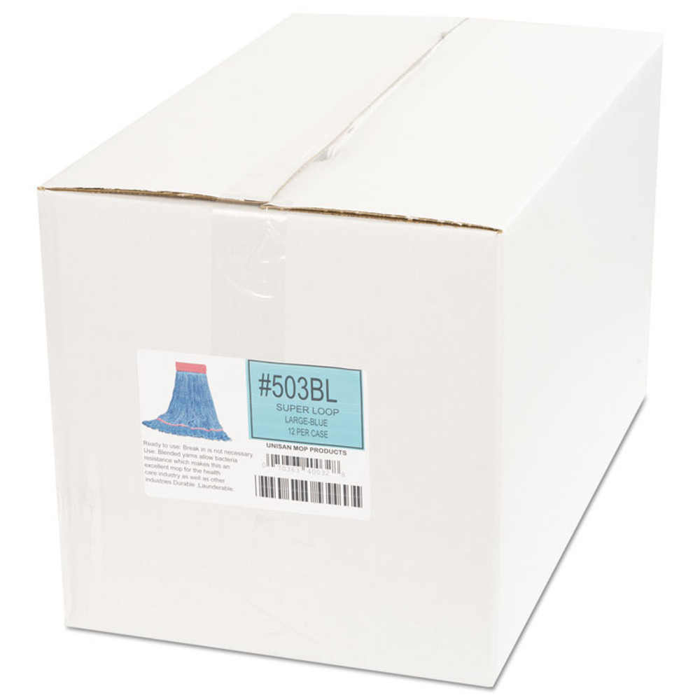 BOARDWALK 503BLCT Super Loop Wet Mop Head, Cotton/Synthetic Fiber, 5" Headband, Large Size, Blue, 12/Carton