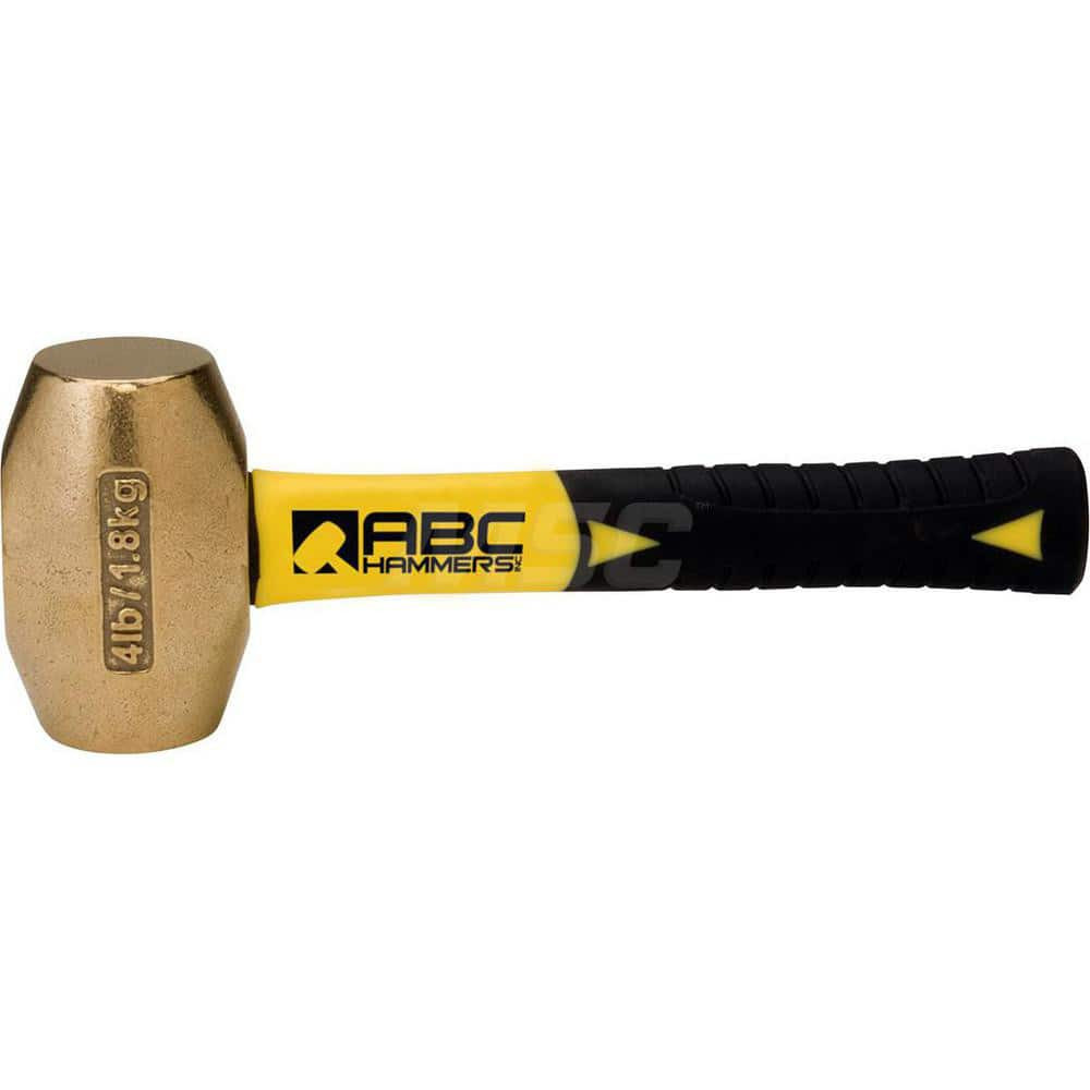 ABC Hammers ABC4BFS 4 lb Brass Drilling Hammer, Non-Sparking, Non-Marring 1-3/4 Face Diam, 3-3/4 Head Length, 10 OAL, 8 Fiberglass Handle, Double Faced