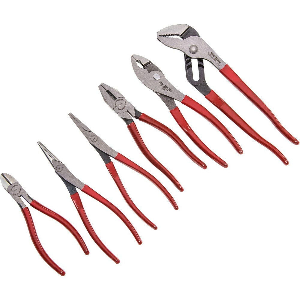 Proto J202GS Plier Sets; Plier Type Included: Diagonal, Groove, Lineman's, Long Nose, Slip-Joint, Tongue ; Container Type: None ; Overall Length: 10-1/4 in; 6-1/8 in; 7-1/2 in; 7-3/4 in; 8-1/8 in ; Handle Material: Steel