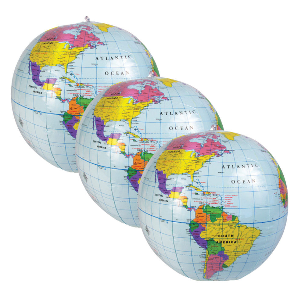 Engage young learners with this inflatable globe that helps you teach them about the world  Features continents, countries, oceans and more to help children learn facts about the world.  Inflatable design can be tossed around a classroom for fun, educational activities.  Can be mounted from the ceiling for display with a simple string.  Includes a repair kit and an activity guide.  Sold as a pack of 3.