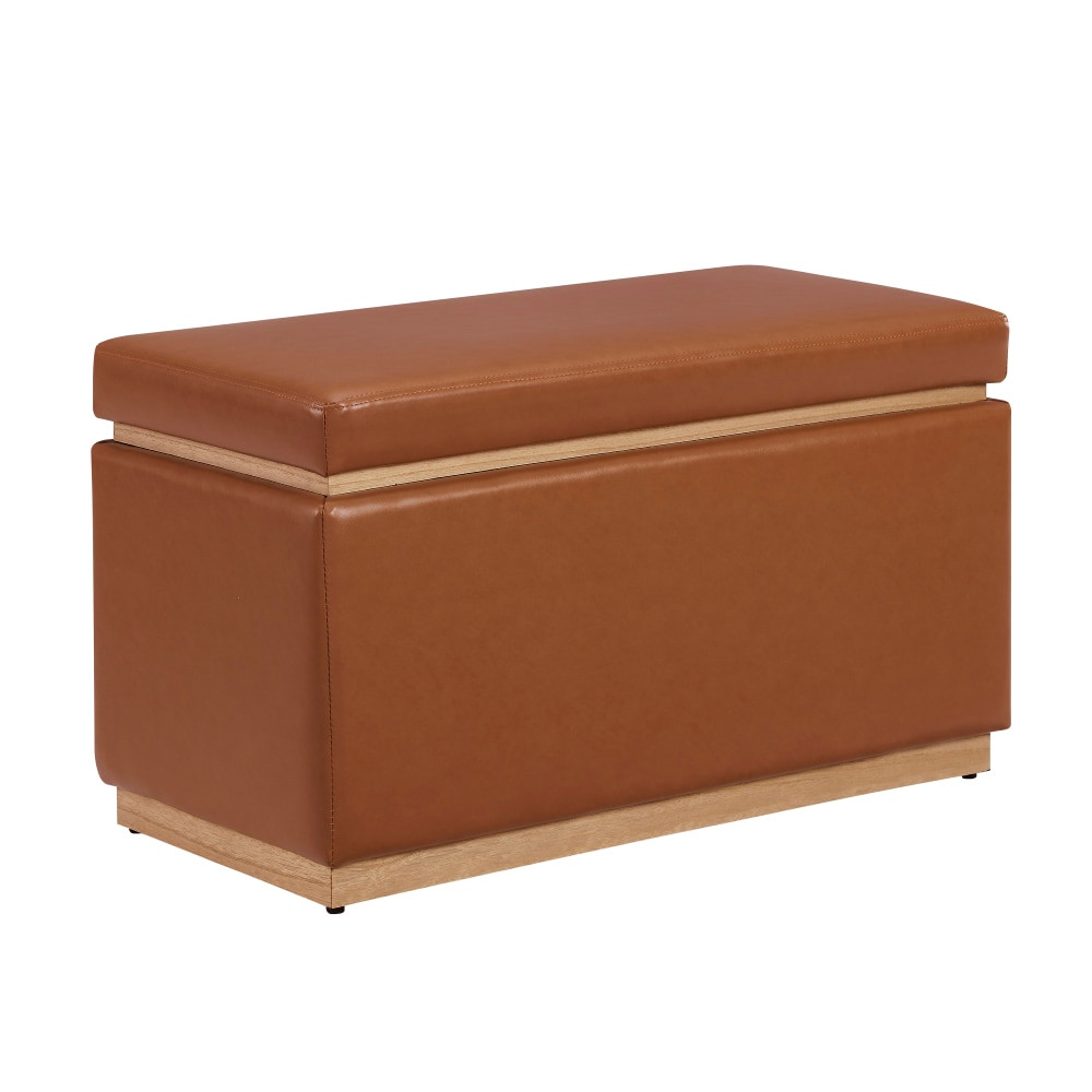 LINON HOME DECOR PRODUCTS, INC OFDP2961 Linon Brenock Faux Leather Storage Ottoman, 18inH x 32inW x 16inD, Caramel/Natural