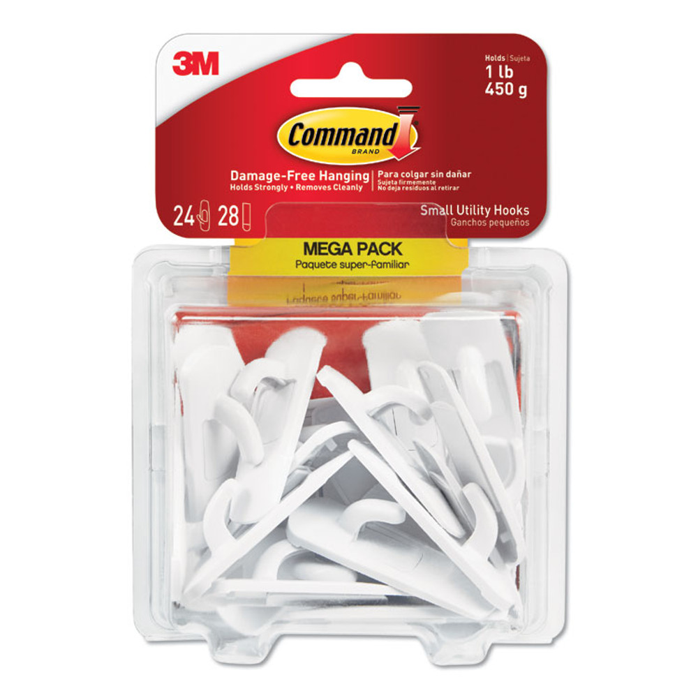 3M/COMMERCIAL TAPE DIV. Command™ 17002MPES Small Utility Hooks, Plastic, White, Supports 1 lb, 24/Pack