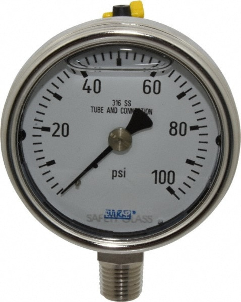 Wika 9831881 Pressure Gauge: 2-1/2" Dial, 0 to 100 psi, 1/4" Thread, NPT, Lower Mount