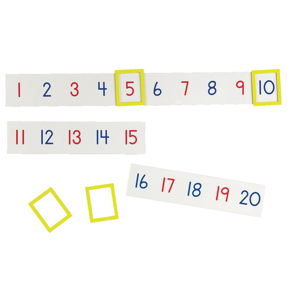 Engage visual learners using this number line  Set includes 20 magnetic strips printed with numbers and 4 frame magnets, plus a guide.  Fun, colorful way to introduce math concepts, such as counting, operations and equations. Line strips up to create a 1 to 100 number line with even numbers in blue and odd numbers in red.  Magnetic backing mounts to most metal surfaces.  Each strip measures 2 1/4in x 9 1/2in.