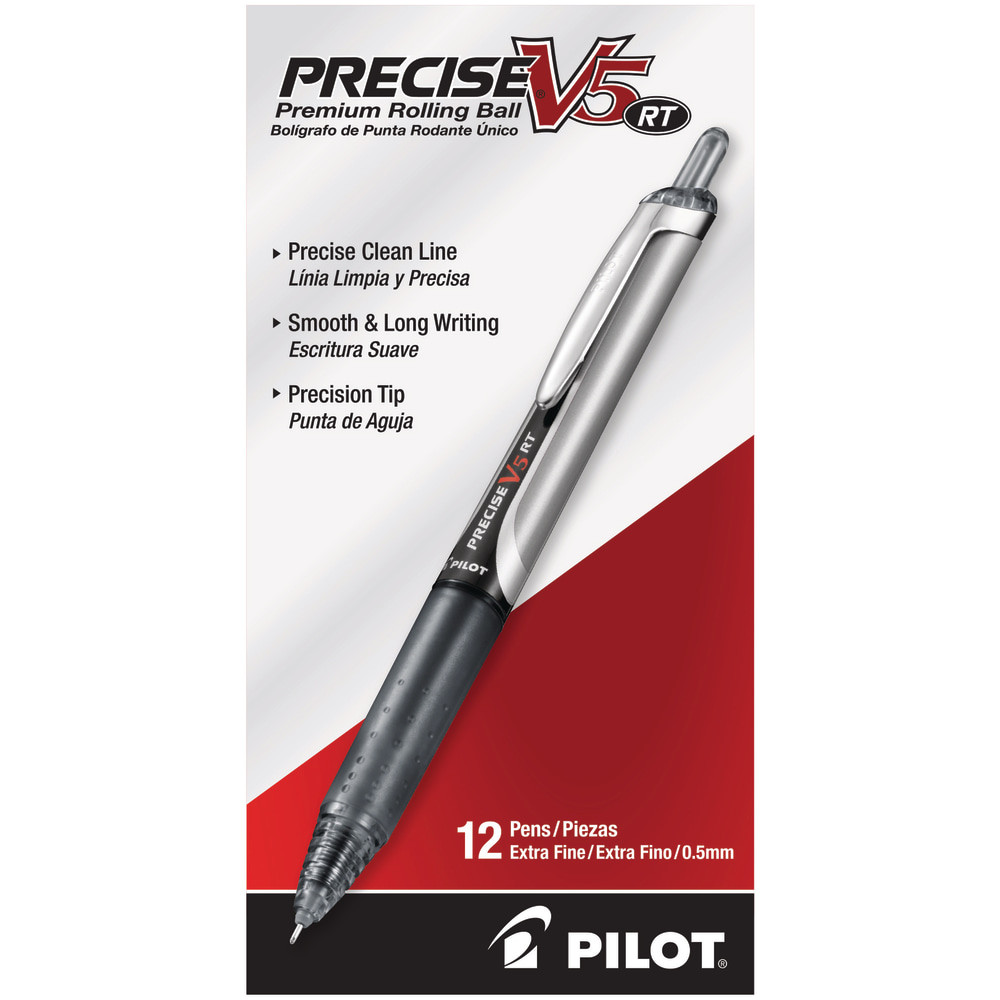 Show up ready to write with these Pilot pens. Flaunting a versatile design thats built to perform both in school and at the office, each pen supplies skip-resistant ink for clean, clear markings. Once you are ready to head home, just retract the tip to prevent unwanted marks in your pocket or briefcase.  Skip-resistant liquid ink formula for consistent coverage on most types of paper.  Retractable design for convenient use.  Comfort-grip barrel has traction pockets and a tapered design for a natural feel.  Refillable.  Includes a pack of 12 Precise V5 pens.  Extra fine-point retractable pens have black ink, enabling multipurpose use.  Refillable - designed to be used repeatedly, helping you avoid single-use disposables and potentially save money.