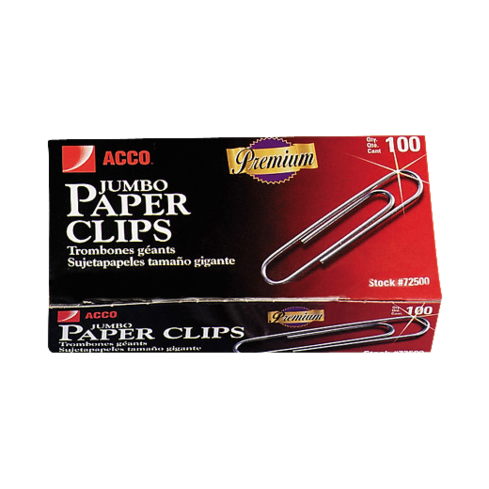 ACCO BRANDS USA, LLC Acco A7072510  Paper Clips, 1000 Total, Jumbo, Silver, 100 Per Box, Pack Of 10 Boxes
